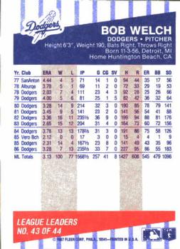1987 Fleer League Leaders #43 Bob Welch Back