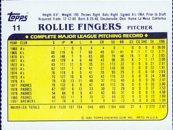 1982 Topps Squirt #11 Rollie Fingers Back