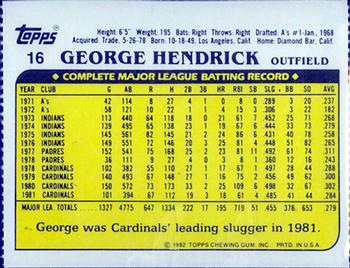 1982 Topps Squirt #16 George Hendrick Back
