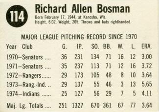 1975 Hostess #114 Dick Bosman  Back