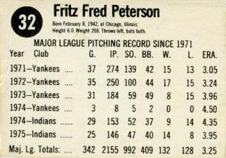 1976 Hostess #32 Fritz Peterson Back