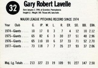 1978 Hostess #32 Gary Lavelle Back