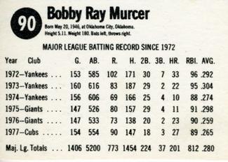 1978 Hostess #90 Bobby Murcer Back