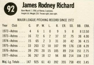 1978 Hostess #92 J.R. Richard Back