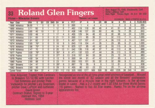 1983 Donruss Action All-Stars #33 Rollie Fingers Back