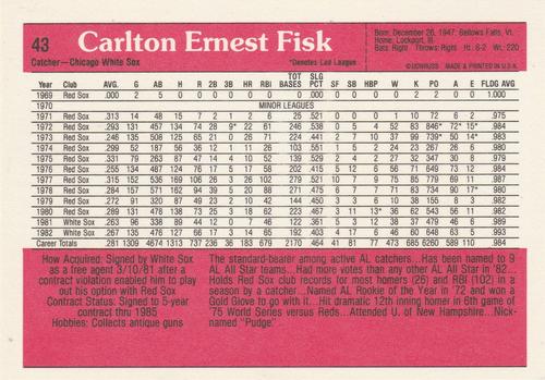 1983 Donruss Action All-Stars #43 Carlton Fisk Back