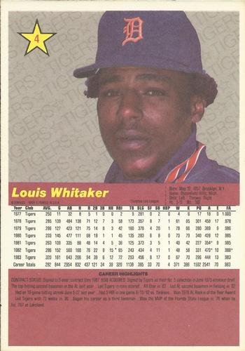 1984 Donruss Action All-Stars #4 Lou Whitaker Back