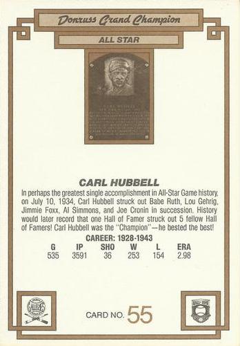 1984 Donruss Champions #55 Carl Hubbell Back