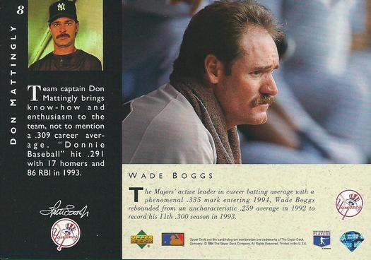 1994 Upper Deck All-Star Jumbos #8 Don Mattingly / Wade Boggs Back