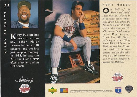 1994 Upper Deck All-Star Jumbos #14 Kirby Puckett / Kent Hrbek Back