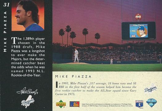 1994 Upper Deck All-Star Jumbos #31 Mike Piazza Back