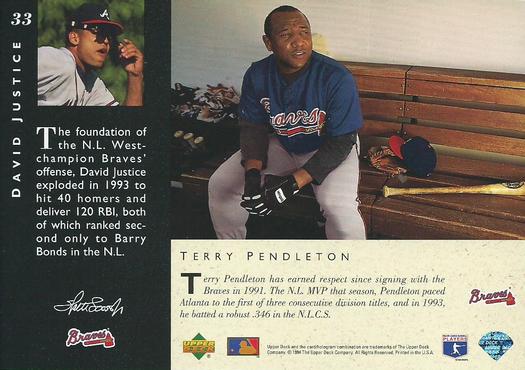 1994 Upper Deck All-Star Jumbos #33 David Justice / Terry Pendleton Back