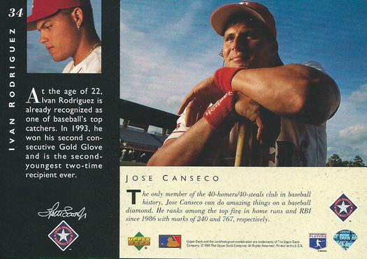1994 Upper Deck All-Star Jumbos #34 Ivan Rodriguez / Jose Canseco Back