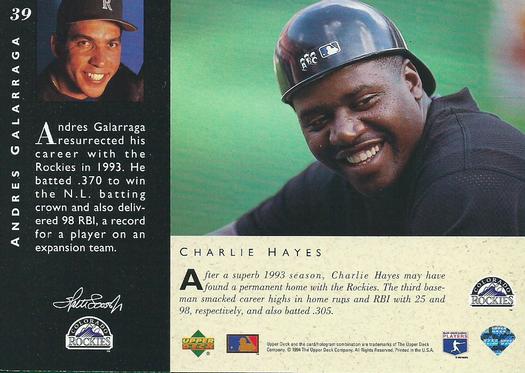 1994 Upper Deck All-Star Jumbos #39 Andres Galarraga / Charlie Hayes Back