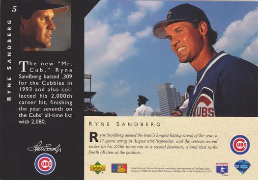 1994 Upper Deck All-Star Jumbos - Gold #5 Ryne Sandberg Back