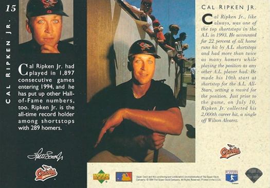 1994 Upper Deck All-Star Jumbos - Gold #15 Cal Ripken Jr. Back