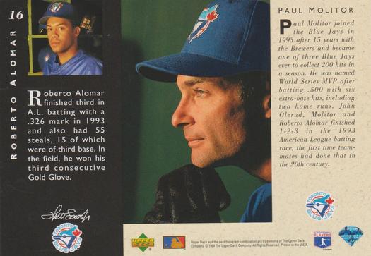 1994 Upper Deck All-Star Jumbos - Gold #16 Roberto Alomar / Paul Molitor Back