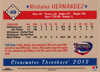 2013 Grandstand Clearwater Threshers #NNO Nicholas Hernandez Back