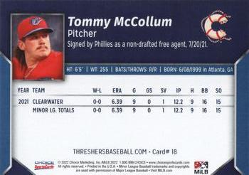 2022 Choice Clearwater Threshers #18 Tommy McCollum Back