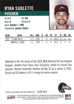 2022 Choice Great Lakes Loons #26 Ryan Sublette Back