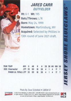 2022 Choice Jersey Shore BlueClaws #07 Jared Carr Back