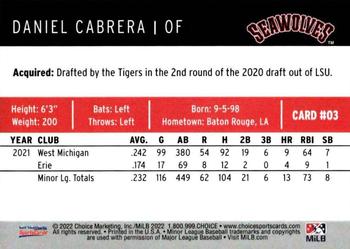 2022 Choice Erie Seawolves #03 Daniel Cabrera Back