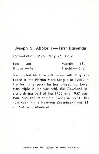 1963 Scheible Press Rochester Red Wings #NNO Joseph Altobelli Back