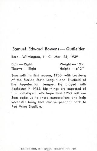 1963 Scheible Press Rochester Red Wings #NNO Samuel Bowens Back