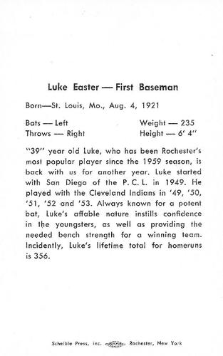 1963 Scheible Press Rochester Red Wings #NNO Luke Easter Back