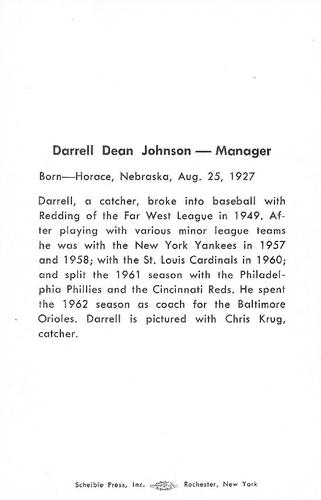 1963 Scheible Press Rochester Red Wings #NNO Darrell Johnson Back