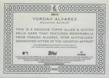 2022 Topps Allen & Ginter - Full-Size Relics A Design #AGRA-YA Yordan Alvarez Back