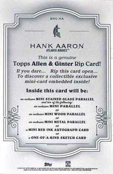 2022 Topps Allen & Ginter - Boxloader Rip Cards #BRC-HA Hank Aaron Back