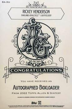 2022 Topps Allen & Ginter - Boxloaders Autographs #BA-RH Rickey Henderson Back