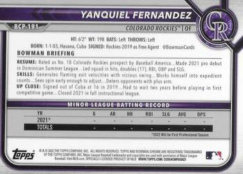 2022 Bowman Chrome - Prospects #BCP-191 Yanquiel Fernandez Back