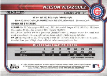 2022 Bowman Chrome - Prospects #BCP-194 Nelson Velazquez Back