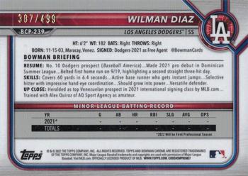 2022 Bowman Chrome - Prospects Refractor #BCP-239 Wilman Diaz Back