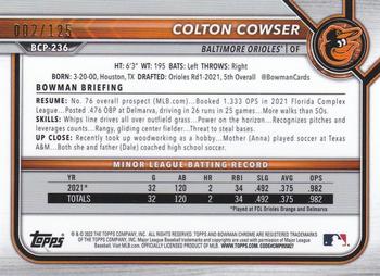 2022 Bowman Chrome - Prospects Aqua Refractor #BCP-236 Colton Cowser Back