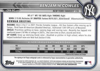 2022 Bowman Chrome - Prospect Autographs #CPA-BC Benjamin Cowles Back