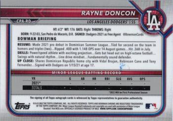 2022 Bowman Chrome - Prospect Autographs #CPA-RD Rayne Doncon Back