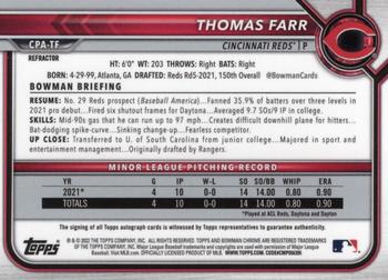 2022 Bowman Chrome - Prospect Autographs Refractor #CPA-TF Thomas Farr Back