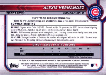 2022 Bowman Chrome - Prospect Autographs Speckle Refractor #CPA-AH Alexis Hernandez Back