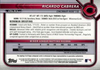 2022 Bowman Chrome - Prospect Autographs Purple Refractor #CPA-RCA Ricardo Cabrera Back