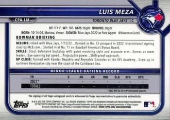 2022 Bowman Chrome - Prospect Autographs HTA Choice Refractor #CPA-LM Luis Meza Back
