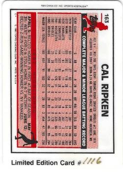1990-92 R&N China Sports Nostalgia #163 Cal Ripken Back