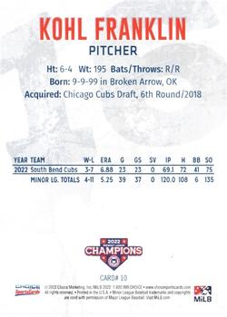 2022 Choice South Bend Cubs Midwest League Champions #10 Kohl Franklin Back