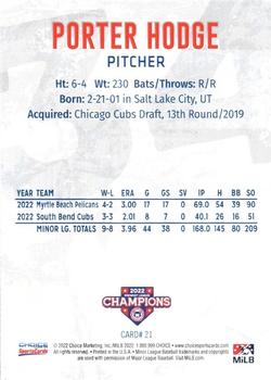 2022 Choice South Bend Cubs Midwest League Champions #21 Porter Hodge Back