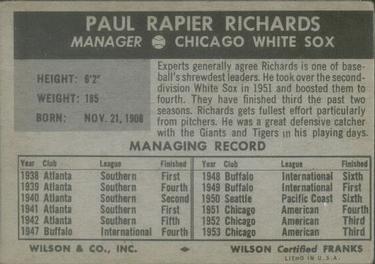 1954 Wilson Franks #NNO Paul Richards   Back