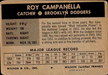 1954 Wilson Franks #NNO Roy Campanella   Back