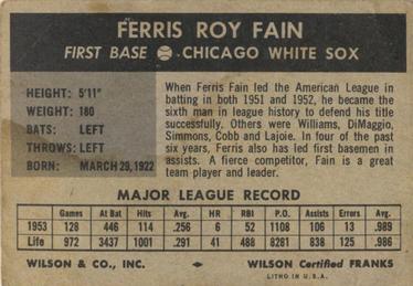 1954 Wilson Franks #NNO Ferris Fain   Back