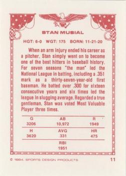 1984-85 Sports Design Products #11 Stan Musial Back